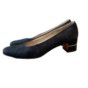 Salvatore Ferragamo Black Suede Leather Pumps Shoes Gold Detail Heels 7.5 AAA